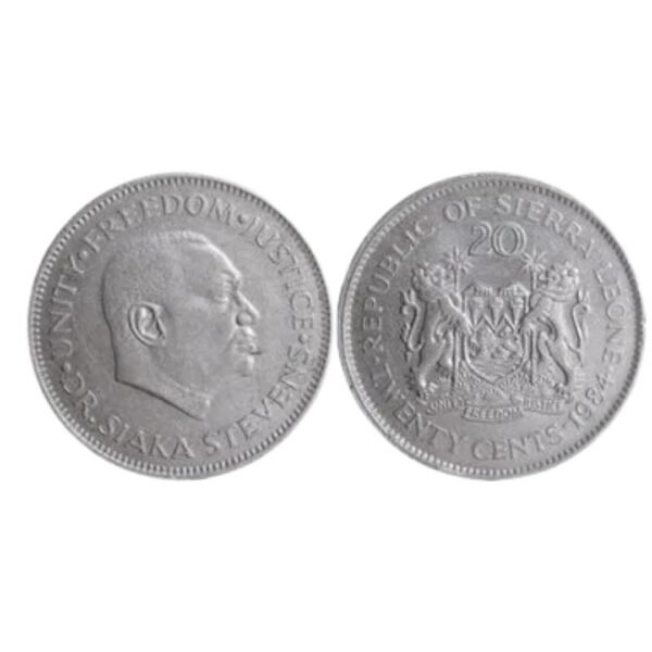 Sierra Leone 20 Cents coin “Value above coat of arms”
