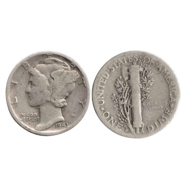 USA $50 Face 90% Silver Mercury Dimes Circulated 1943-Front & Back