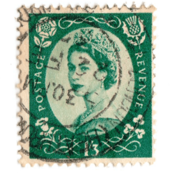 1950's British Royal Mail 13d green postage stamps from the Wildings definitive issue with portrait of Queen Elizabeth II AEd 3