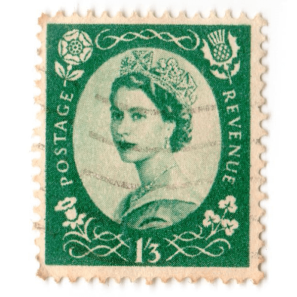 1950's British Royal Mail 13d green postage stamps from the Wildings definitive issue with portrait of Queen Elizabeth II. AED 5