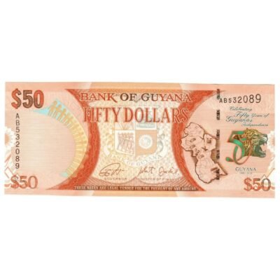 50 Dollar Note Guyana’s 50 Years Of Independence Celebration Note UNC Condition Issued In 2016