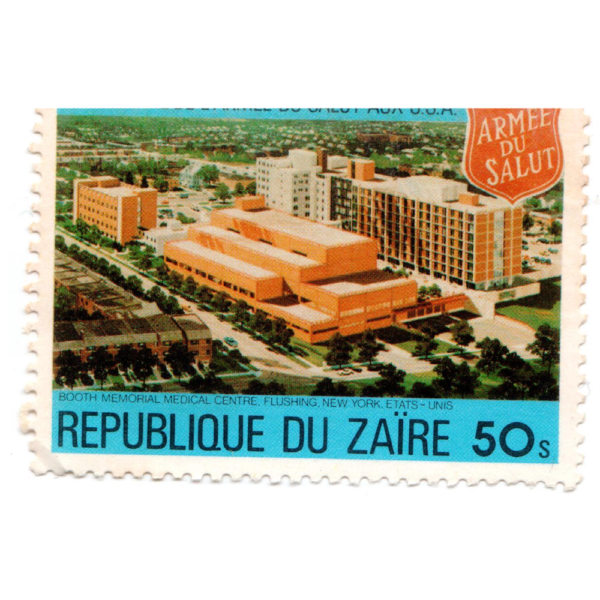 Postage stamp from Zaire depicting Booth Memorial Hospital, for the century of the Salvation Army in the United States 960 AED 2