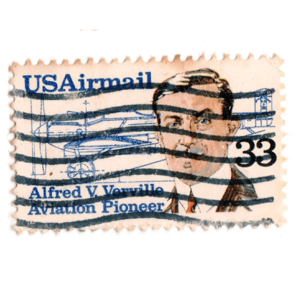 USA - CIRCA 1985 A stamp printed in the USA, shows Alfred V. Verville (1890-1970), aircraft designer, circa 1985 AED 5