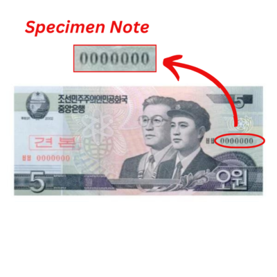 5 Won North Korea 2002 Specimen Note UNC Condition