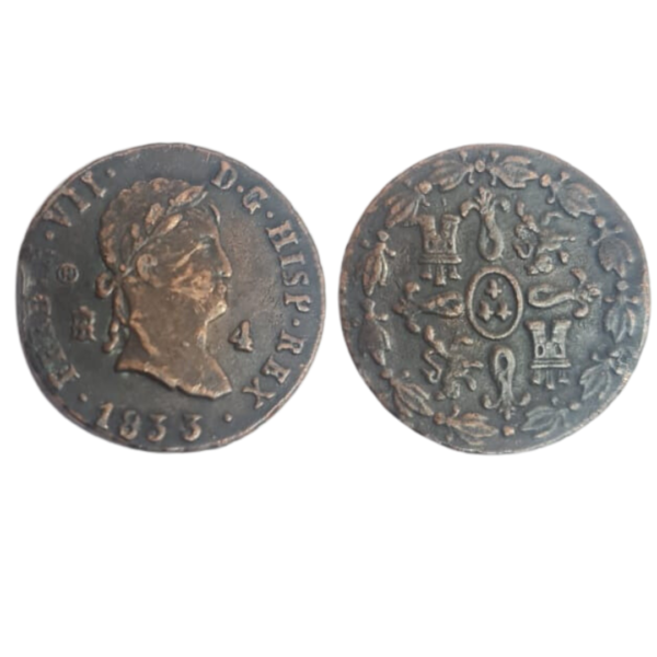 4 Maravedis King Ferdinand VII Laureate Spain 1833 Copper Coin
