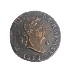 4 Maravedis King Ferdinand VII Laureate Spain 1833 Copper Coin front