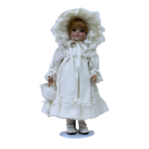Vintage Porcelain Christening White Baby Doll with Stand