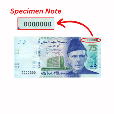 75 Rupees 75 Years of Excellence of State Bank of Pakistan 2023 Specimen Note (UNC Condition)