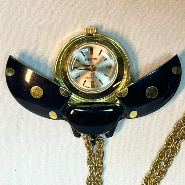 Vintage TEENTIME 17 Jewel Swiss Gold Tone Mechanical Ladybug Pendant Watch WORKS