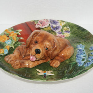 Vtg Hand Paint Art Pottery Ceramic Plate Plaque Raised 3D Puppy Flowers Insect 1