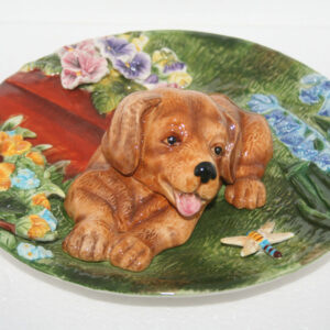 Vtg Hand Paint Art Pottery Ceramic Plate Plaque Raised 3D Puppy Flowers Insect