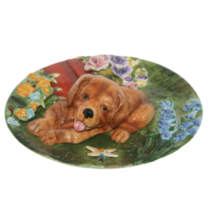 Vtg Hand Paint Art Pottery Ceramic Plate Plaque Raised 3D Puppy Flowers Insect cover 2