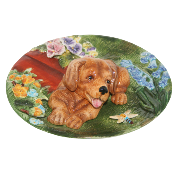 Vtg Hand Paint Art Pottery Ceramic Plate Plaque Raised 3D Puppy Flowers Insect cover