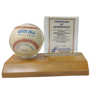 YOGI BERRA Signed Rawlings Baseball-Certified Autograph on Wooded Stand – Faded New 1