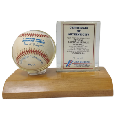 YOGI BERRA Signed Rawlings Baseball-Certified Autograph on Wooded Stand – Faded
