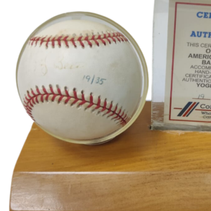 YOGI BERRA Signed Rawlings Baseball-Certified Autograph on Wooded Stand – Faded New 4