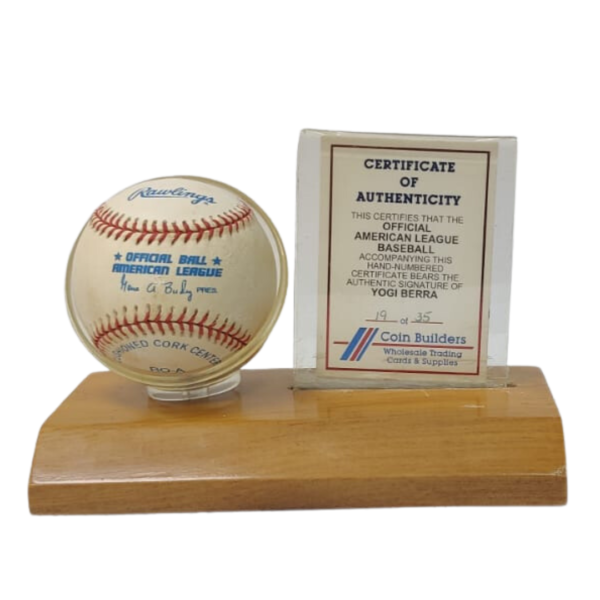 YOGI BERRA Signed Rawlings Baseball-Certified Autograph on Wooded Stand – Faded New