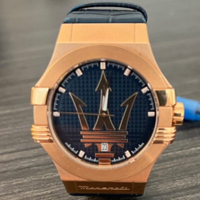 Maserati Watch: Gold, with Blue Genuine Leather Band. New Condition, Italian