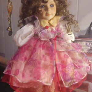 Porcelain Standing Doll With Curly Brown Hair 1