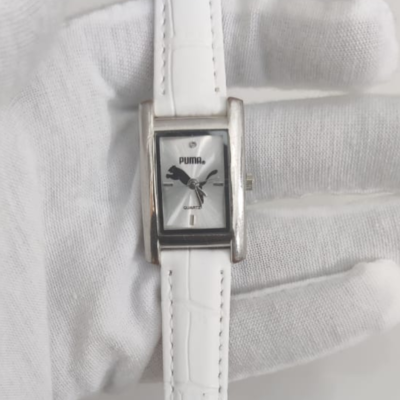 Puma Stainless Steel Back White Leather Stripes Ladies Wristwatch