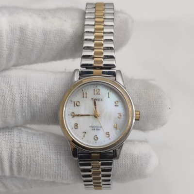 Timex CR1216  Stainless Steel Back Silver & Gold Color Bezel Wristwatch