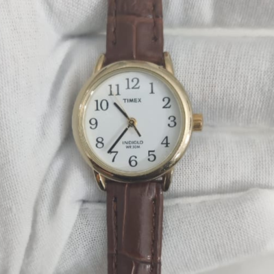 Timex Stainless Steel Back Brown Leather Stripe Ladies Wristwatch