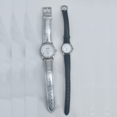 Two Stainless Steel Back Black & Silver Stripes Ladies Wristwatches