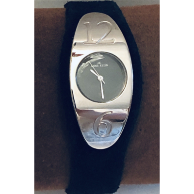 Vintage Anne Klein Rare Sleek Wristwatch Silver Tone w/ black Suede Band