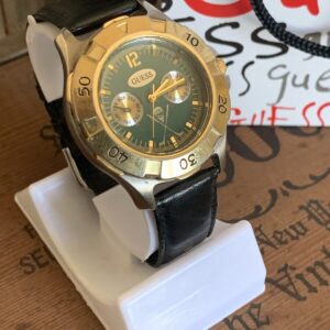 Vintage Guess Watch Gold Tone 1997 Green Dial Date New Battery Golf Logo 3