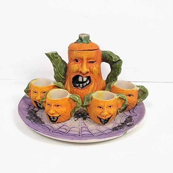 Vintage Miniature Tea Set Halloween Pumpkins Spiders Spiderweb Mini Resin