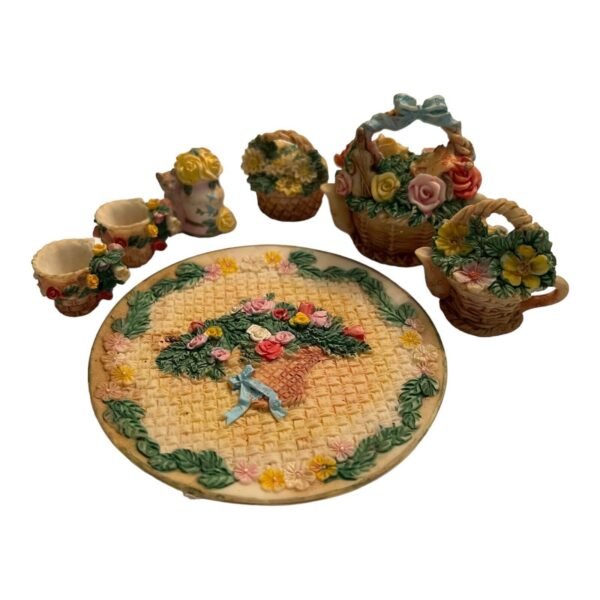 Vintage Resin Miniature Tea Set Flower Garden 10 Pieces Stocking Stuffer