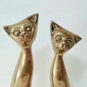 Vintage Solid Brass Siamese Kitty Cats 2 PC CAT FIGURINE SCULPTURE SET 1960s VGC 1