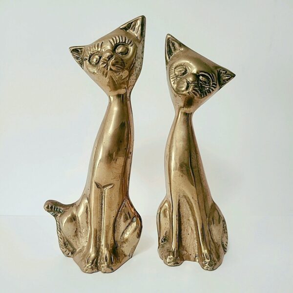 Vintage Solid Brass Siamese Kitty Cats 2 PC CAT FIGURINE SCULPTURE SET 1960s VGC