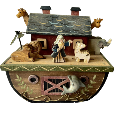 Vintage Wooden Noah’s Ark Animated Music Box Plays We Wish You A Merry Christmas