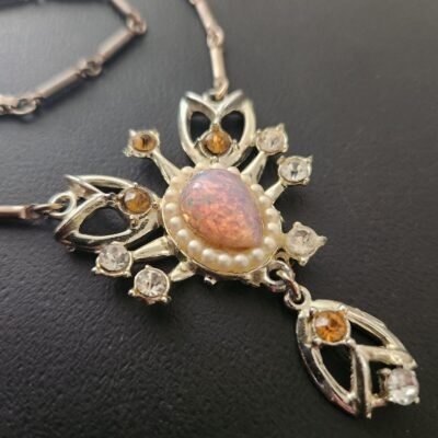 WOW Unsigned Coro Vintage Necklace Pendant Faux Opal Orange Clear Rhinestone 950