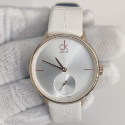 Calvin Klein 232 Swiss Made Stainless Steel Back White Leather Stripes Wristwatch