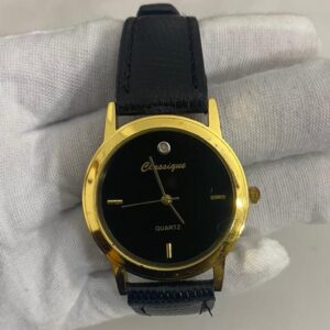 Classique Stainless Steel Back Golden Face Black Stripe Wristwatch 2