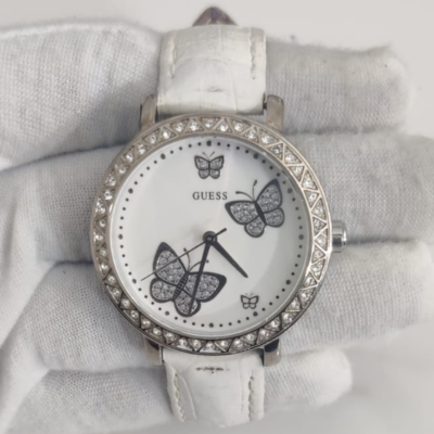 Guess G75990L Butterfly White Leather Stripes Ladies Wristwatch