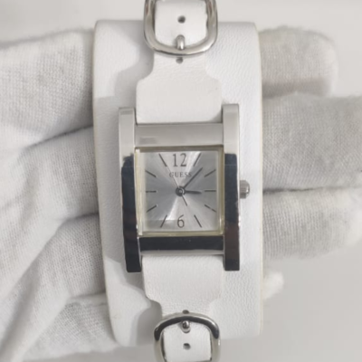 Guess Stainless Steel Back White Leather Stripe Fancy Ladies Wristwatch
