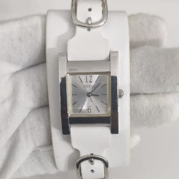 Guess Stainless Steel Back White Leather Stripe Fancy Ladies Wristwach