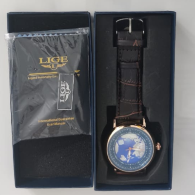 LIGE Design Stainless Steel Leather Stripes Wristwatch With Box