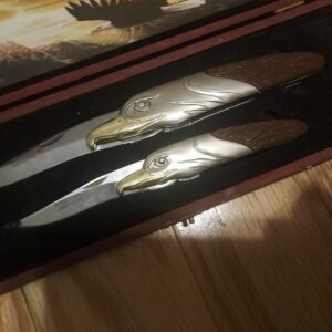 Pocket Folding Knife Set - Eagle Handles in Wood Case from Estate 1