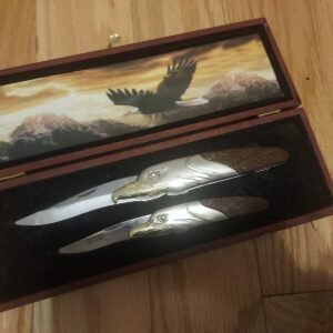 Pocket Folding Knife Set - Eagle Handles in Wood Case from Estate 2
