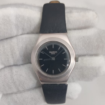 Swiss Made Swatch Irony Aluminum Patented Black Leather Stripes Ladies Wristwatch