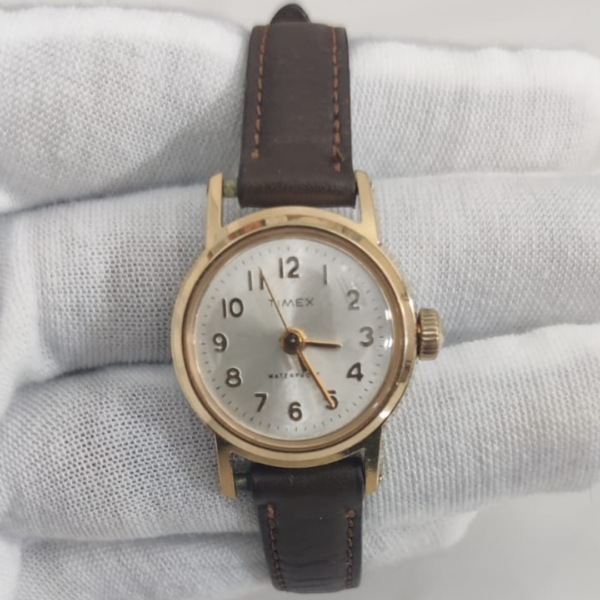 Timex Ladies Stainless Steel Back Brown Lather Stripes Wristwatch NER