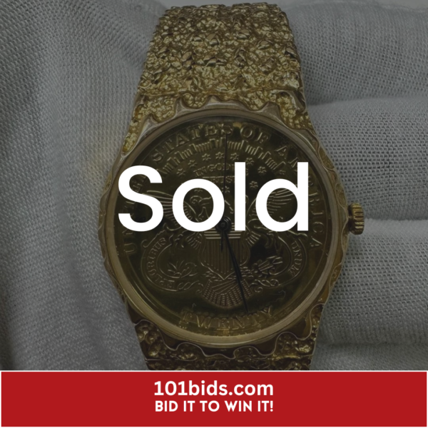 20-Dollar-Faux-Gold-Coin-Watch-Nugget-Band-Gold-Tone-Hong-Kong-Made-Ladies-Wristwatch sold