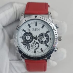 Ben Stainless Steel Back Japan Movement Red Leather Stripes Wristwatch 1