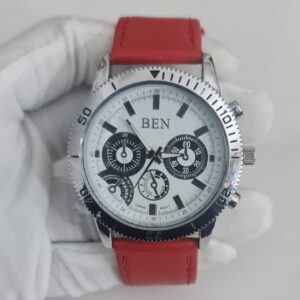 Ben Stainless Steel Back Japan Movement Red Leather Stripes Wristwatch 2