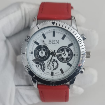Ben Stainless Steel Back Japan Movement Red Leather Stripes Wristwatch