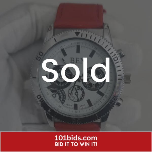 Ben-Stainless-Steel-Back-Japan-Movement-Red-Leather-Stripes-Wristwatch sold